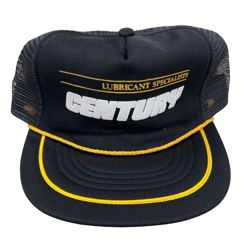 Vintage Century Oil Trucker Hat Cap Made In USA Black Yellow Stripe 80s Rope